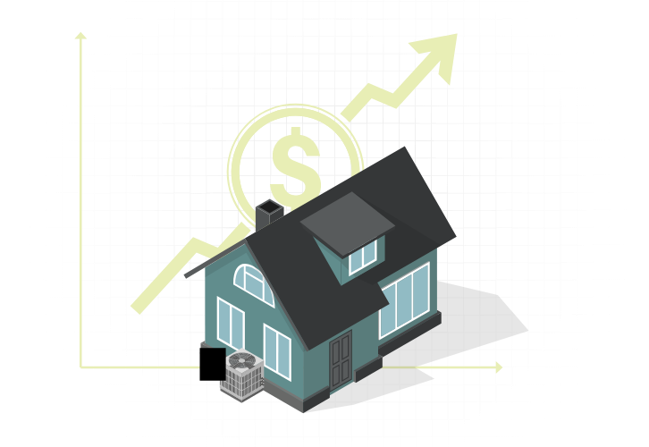 Image of a home with image of graph overlaid, showing dollar sign and upward arrow